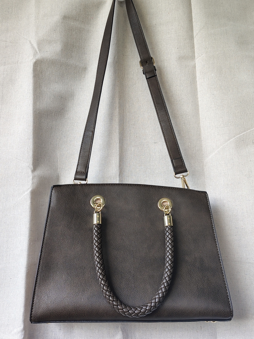 Cato Dark Brown Braided-Handle Shoulder Tote with Gold Hardware